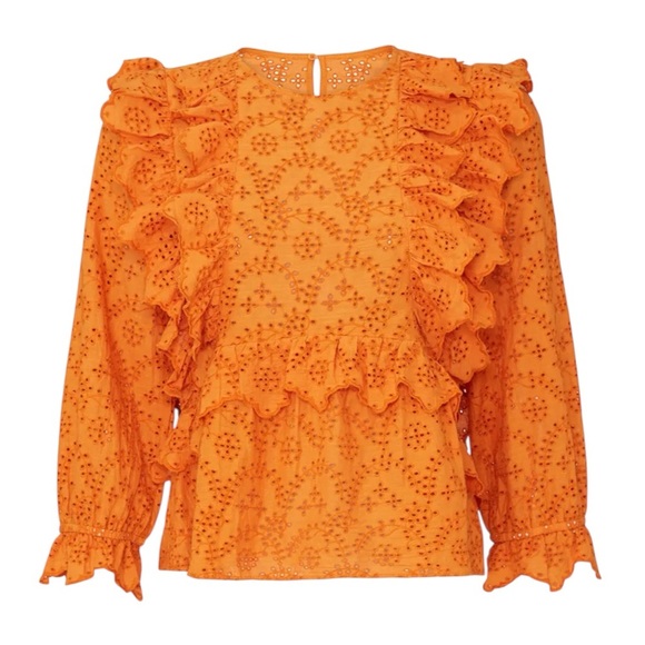 The GREAT. Eyelet Ruffle Blouse Top Orange 3/4 Sleeve Bohemian Boho Chic Size L - Picture 4 of 9